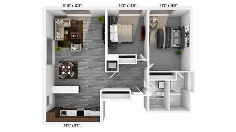Floor plan for 2 beds, 1.5 baths, 1100 sqft